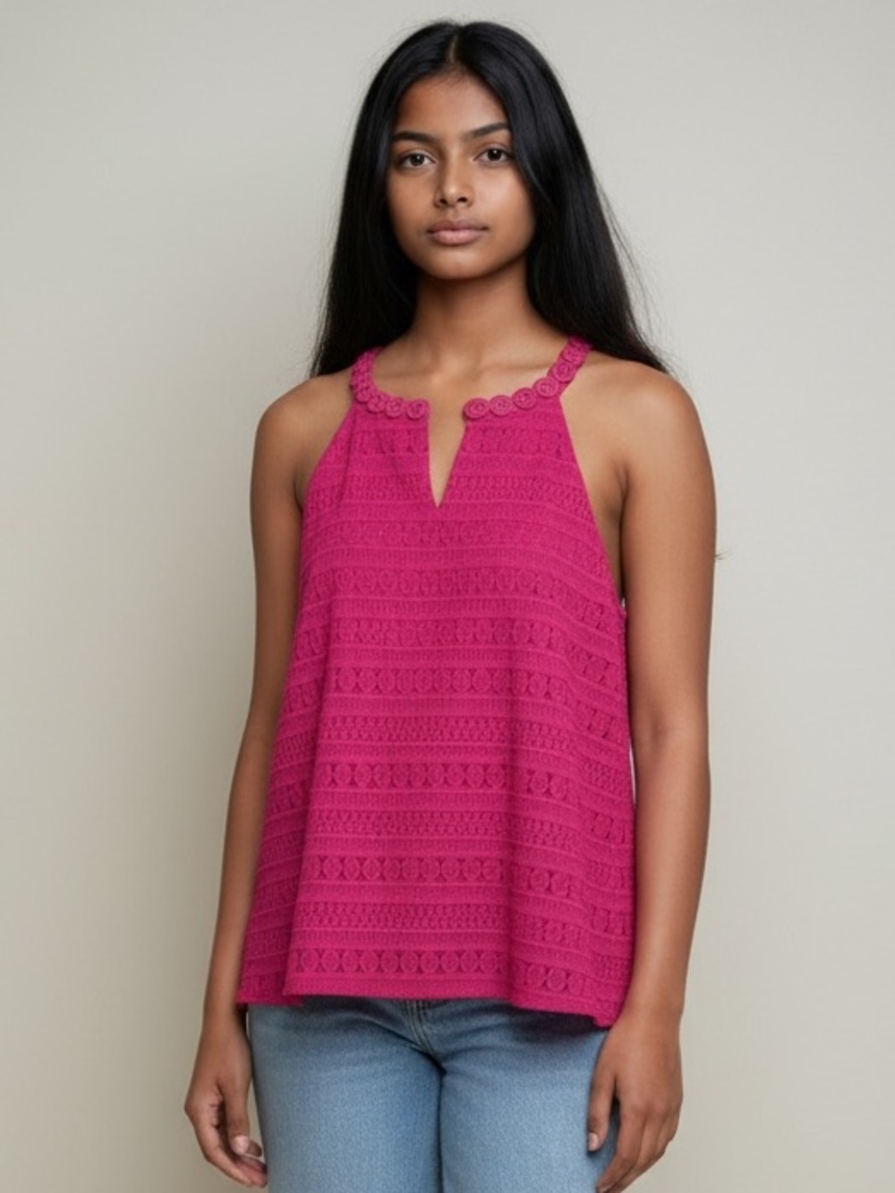 Cappagallo Hot Pink Openwork Knit Tank Top Sleeveless Pointelle Crochet Detail L